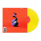Vinyl album cover for Neck Deep "All Distortions Are Intentional" on a white background. Album cover is orange and depicts a purple orange in the meddle unpeeling to show earth.  Vinyl is Transparent Yellow. 