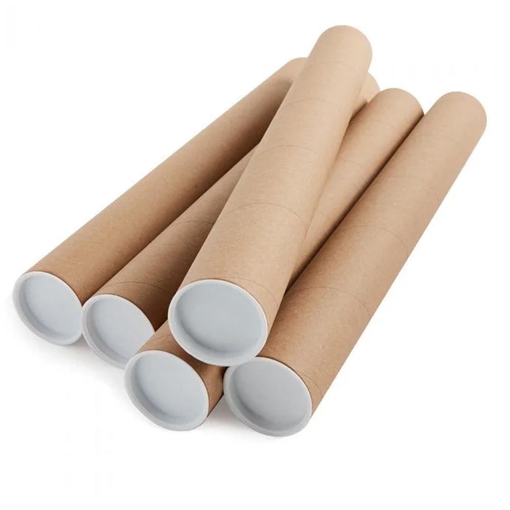 Five hopelessrecords brown poster tubes with white plastic end caps, fanned on a white background—ideal for keeping posters secure during shipping.