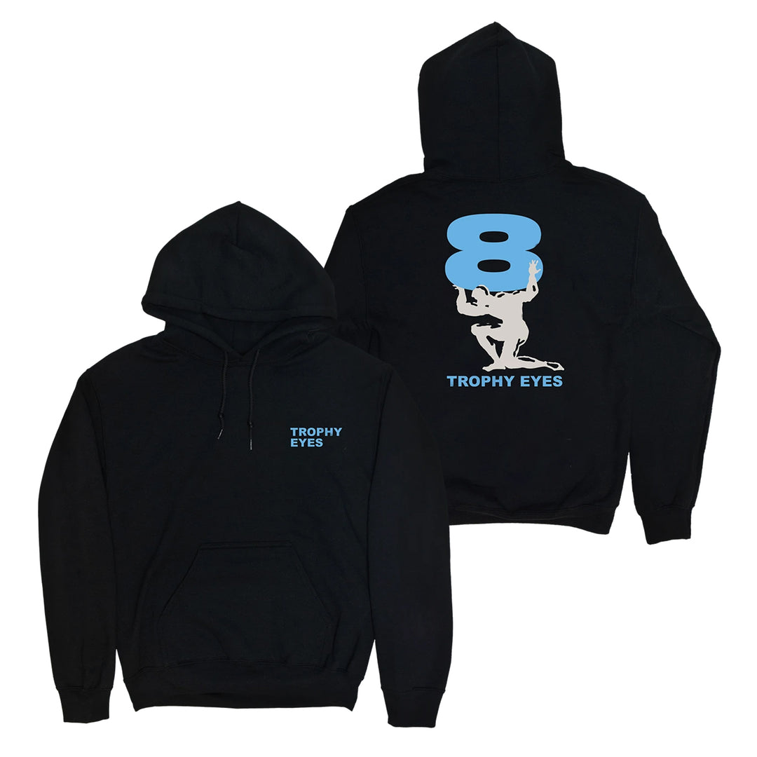 Trophy Eyes black 100% cotton hoodie with small blue "TROPHY EYES" on the front. Back features a large blue number 8 above a white figure holding it, with "TROPHY EYES" below.