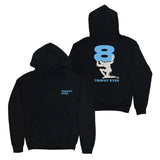 Trophy Eyes black 100% cotton hoodie with small blue "TROPHY EYES" on the front. Back features a large blue number 8 above a white figure holding it, with "TROPHY EYES" below.