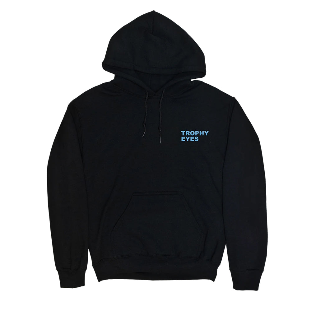A plain black 100% cotton hooded sweatshirt by Trophy Eyes with a front pocket and "TROPHY EYES" printed in small light blue capitals on the left chest.