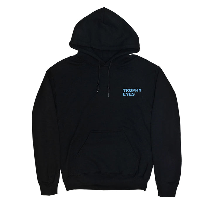 A plain black 100% cotton hooded sweatshirt by Trophy Eyes with a front pocket and "TROPHY EYES" printed in small light blue capitals on the left chest.