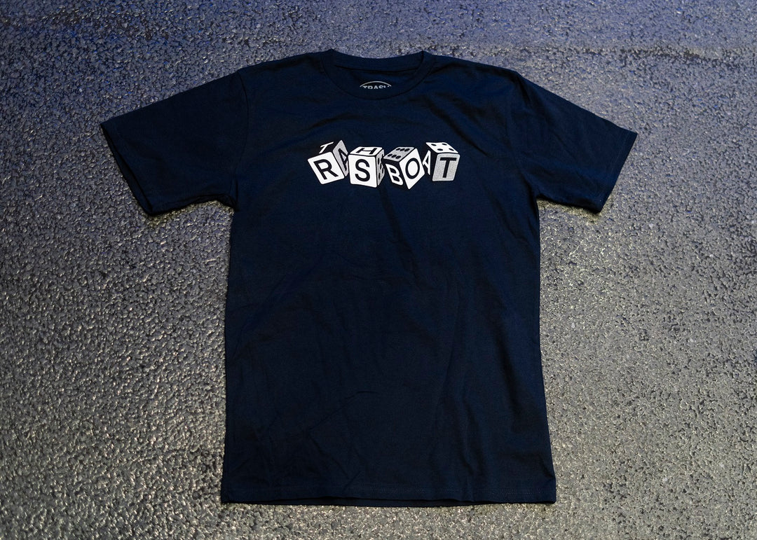 A black Trash Boat T-shirt laid flat on a textured surface, featuring RSBOT in white 3D-style block letters—a perfect piece of band merch for fans.