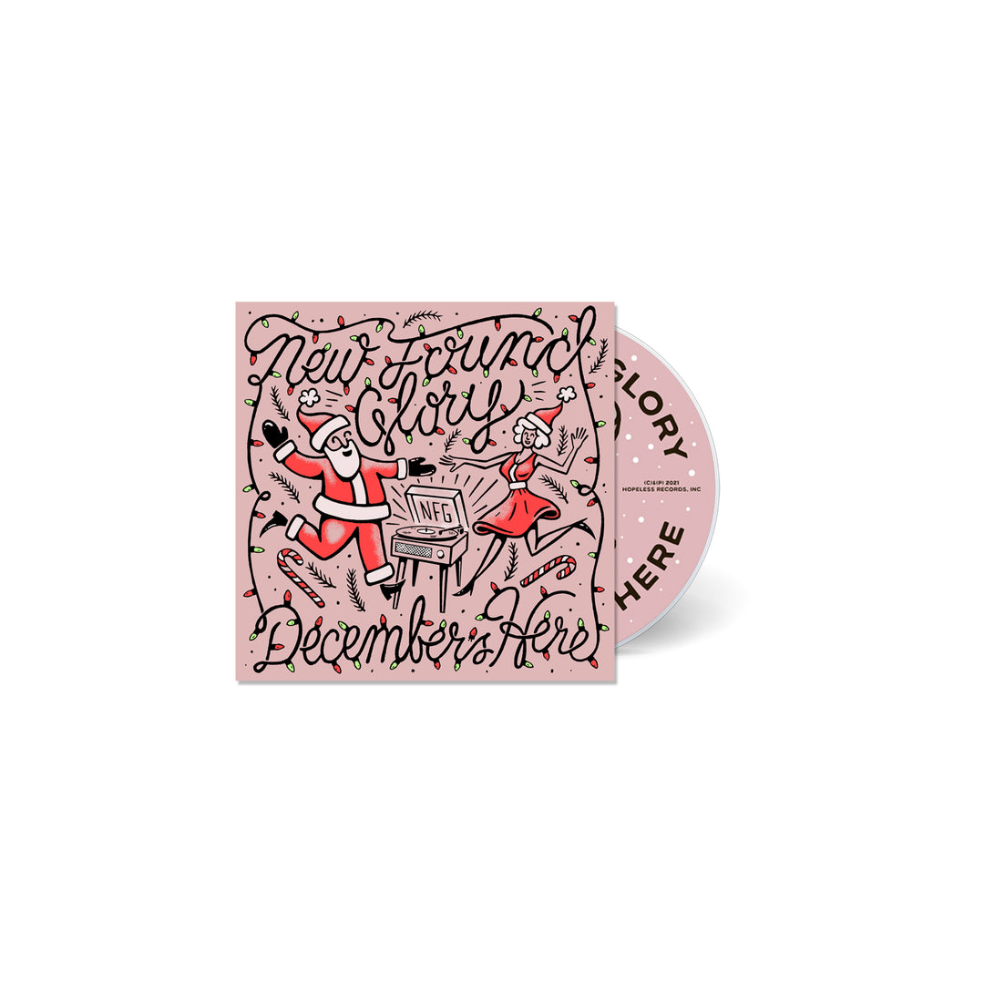 A CD and cover by New Found Glory featuring playful illustrations of Santa Claus and a woman dancing around a record player, with festive, hand-drawn text reading “December’s Here,” capturing the holiday spirit.