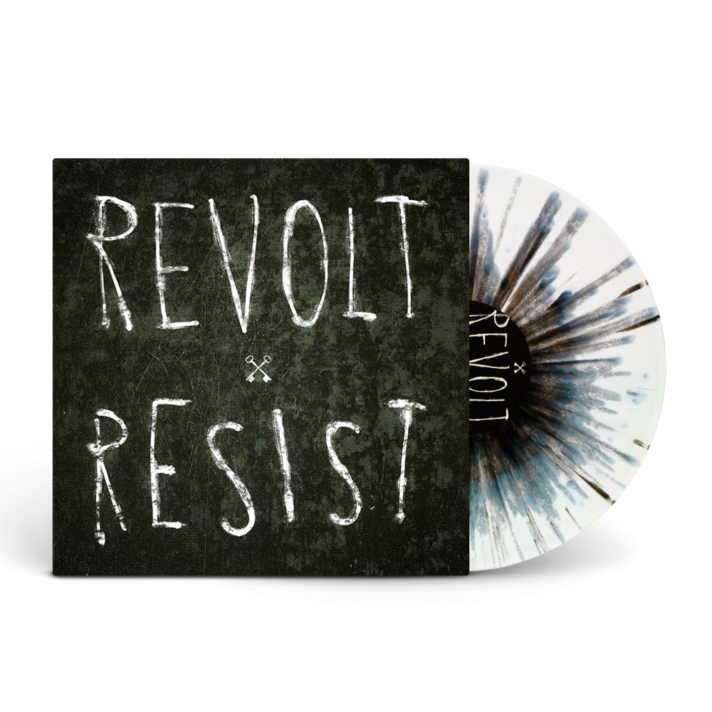 A black splatter vinyl record from Hundredth is partially slid out of a dark album cover with bold, distressed white REVOLT x RESIST text; hints of the tracklisting can be seen inside.