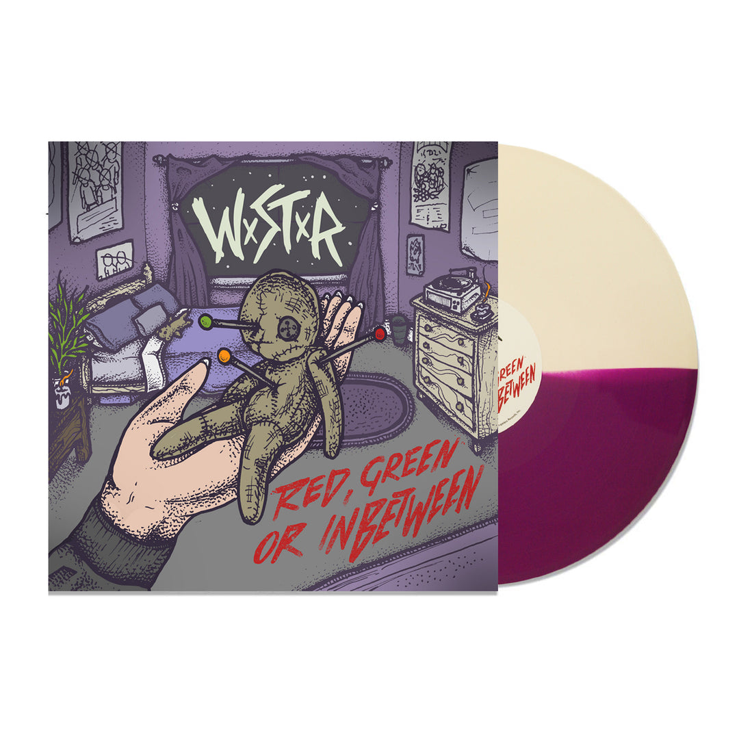 Album cover for WSTRs Red, Green or Inbetween shows a hand holding a stitched voodoo doll in a bedroom. Next to it is a Purple & Bone Split Vinyl, with WSTR and the album title clearly displayed on the cover.