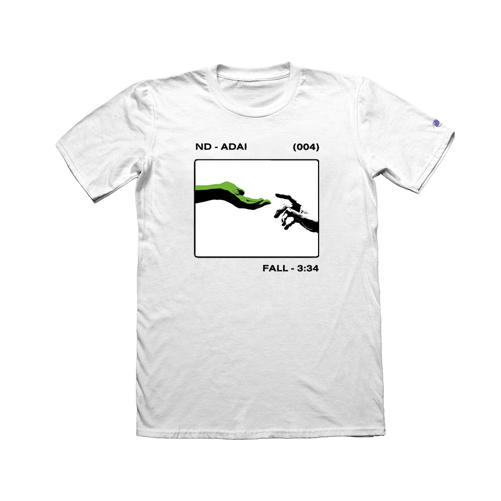 Neck Deep white t-shirt with exclusive fall design: green hand and black-and-white skeleton hand reaching toward each other in a box, with “ND - ADAI (004)” above and “FALL - 3:34” below. Includes embroidered details.