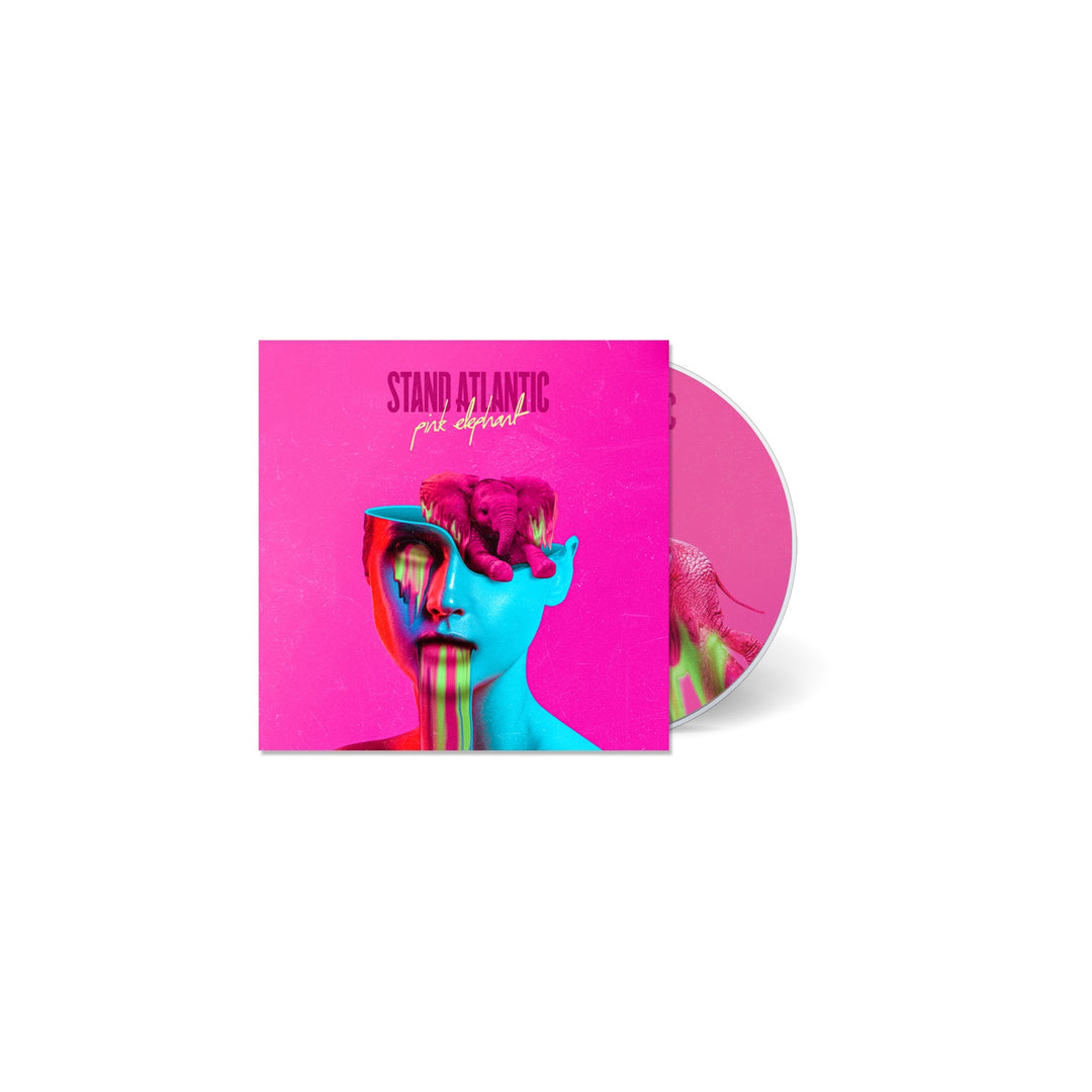 CD case and disc with bright pink background show surreal art of a blue human bust with paint streaks and a pink animal figure from the head. Includes Stand Atlantic Pink Elephant album tracklisting. Brand: Stand Atlantic.