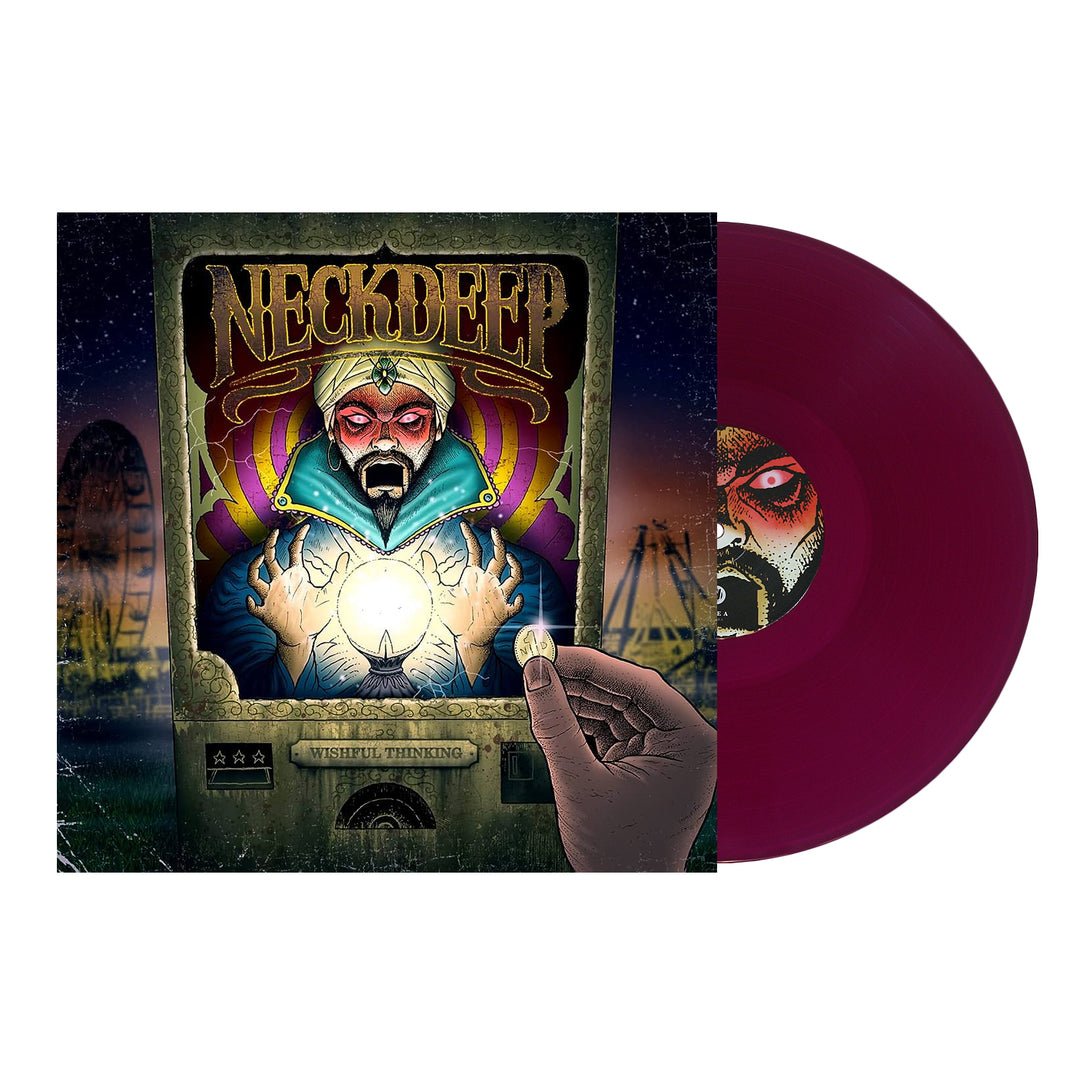 A maroon vinyl record by Neck Deep sits beside its cover art, which shows a fortune teller with a crystal ball and NECK DEEP branding. A hand inserts a coin into the machine, with Growing Pains tracklisting in the fairground backdrop.