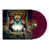 A maroon vinyl record by Neck Deep sits beside its cover art, which shows a fortune teller with a crystal ball and NECK DEEP branding. A hand inserts a coin into the machine, with Growing Pains tracklisting in the fairground backdrop.