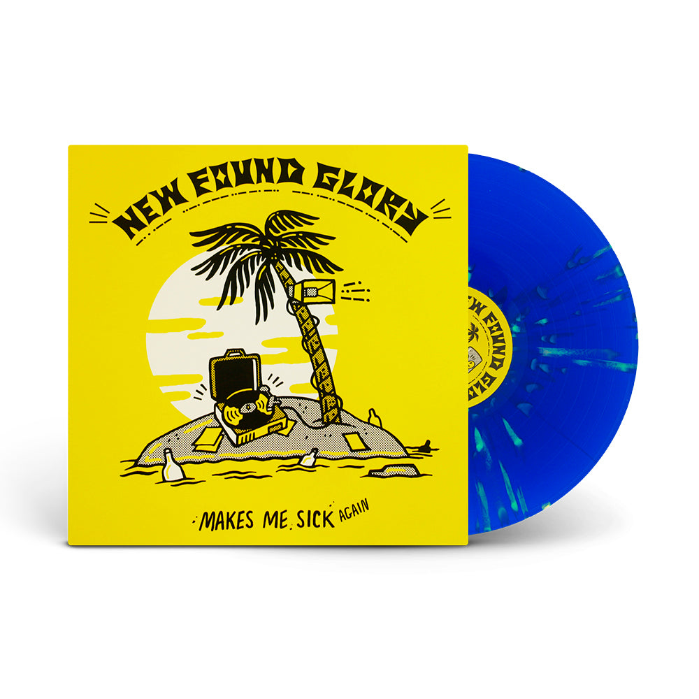 A bright yellow album cover featuring New Found Glory and Makes Me Sick Again shows a suitcase under a palm tree on an island, alongside a limited edition blue marbled vinyl partially visible from its sleeve.