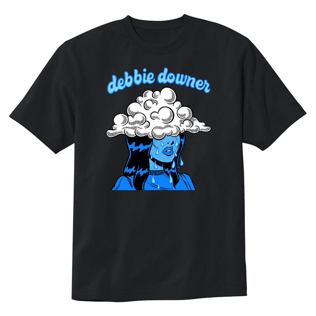This black L0L0 T-shirt features a cartoon of a sad blue woman under a storm cloud, with debbie downer in blue lowercase script above.