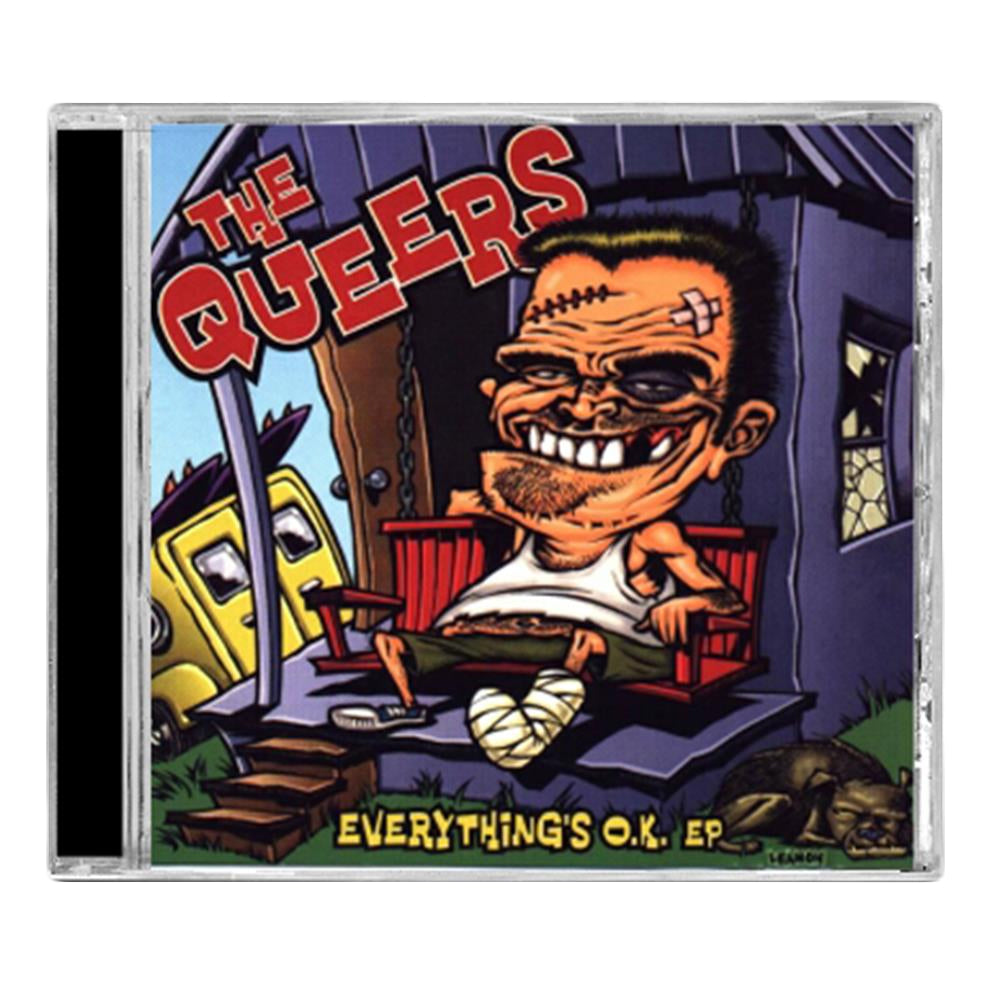 CD cover art for The Queers Everythings OK EP, a punk album with a cartoon man, bandages and scars, grinning on a porch swing; yellow car and house behind him; bold colorful title text at the top.