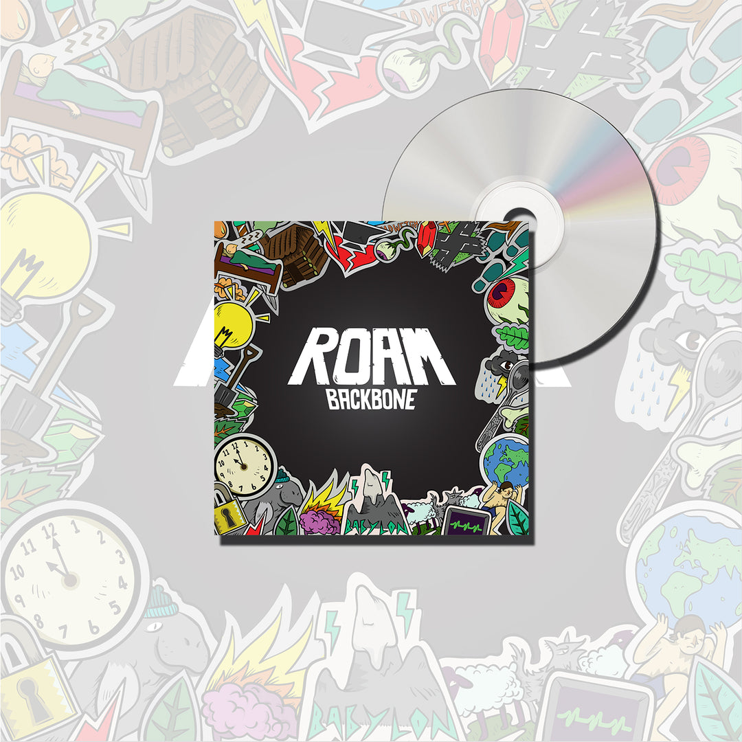 CD and cover for ROAMs album Backbone. The black cover displays the brand name ROAM in bold white letters amid colorful doodle-style artwork, along with a partially visible CD and tracklist.