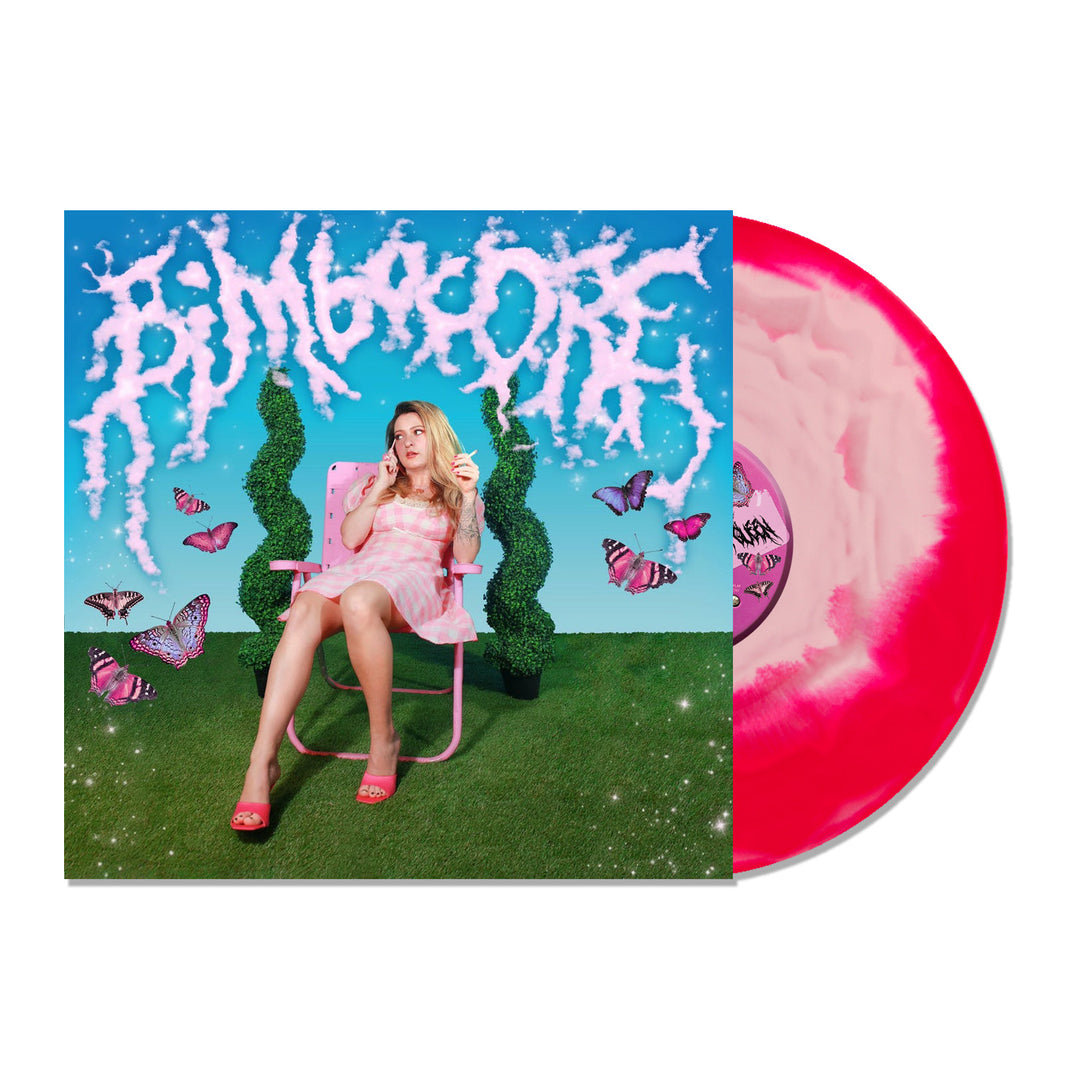 A pink and white marbled Pink Swirl LP by Scene Queen slides out of its colorful cover, featuring Scene Queen in a pink dress on a lawn chair, surrounded by butterflies and topiary, with BIMBOCORE in cloud-like letters above.