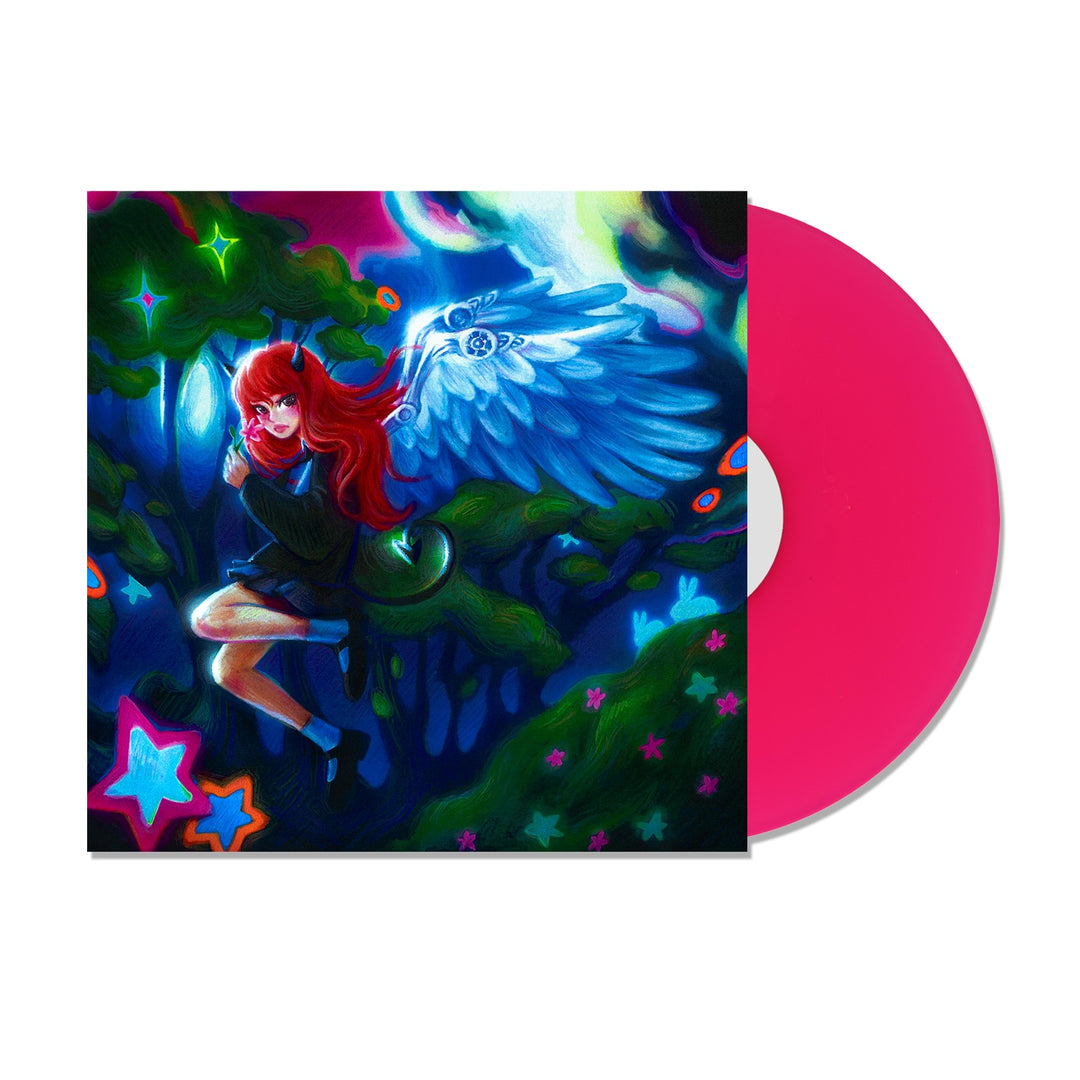 Zeph presents a limited edition Neon Magenta LP. The vibrant album cover shows a red-haired girl with white wings in a glowing, neon-accented fantasy forest—perfect for fans of bold character artwork and colorful designs.