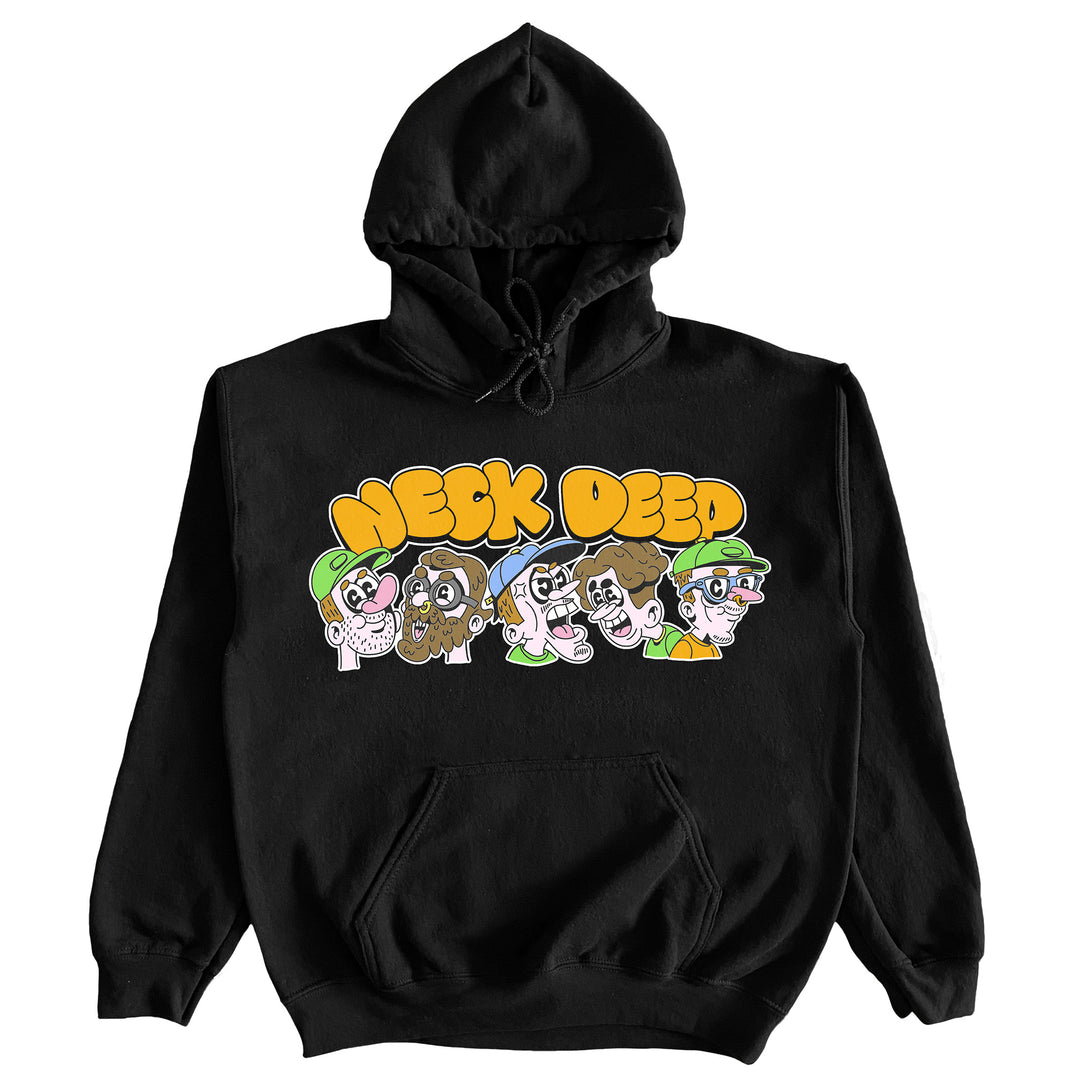A black ASColour hoodie by Neck Deep, with bold yellow bubble letters spelling Neck Deep above six cartoon faces in various hats and expressions, printed across the chest.