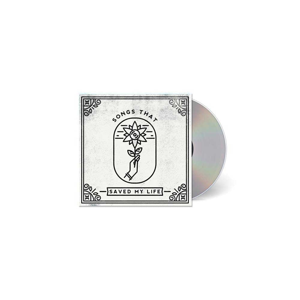 A CD and its cover from Songs That Saved My Life, featuring minimalist black line art of a hand holding a flower with the brand name on a white background and decorative borders.