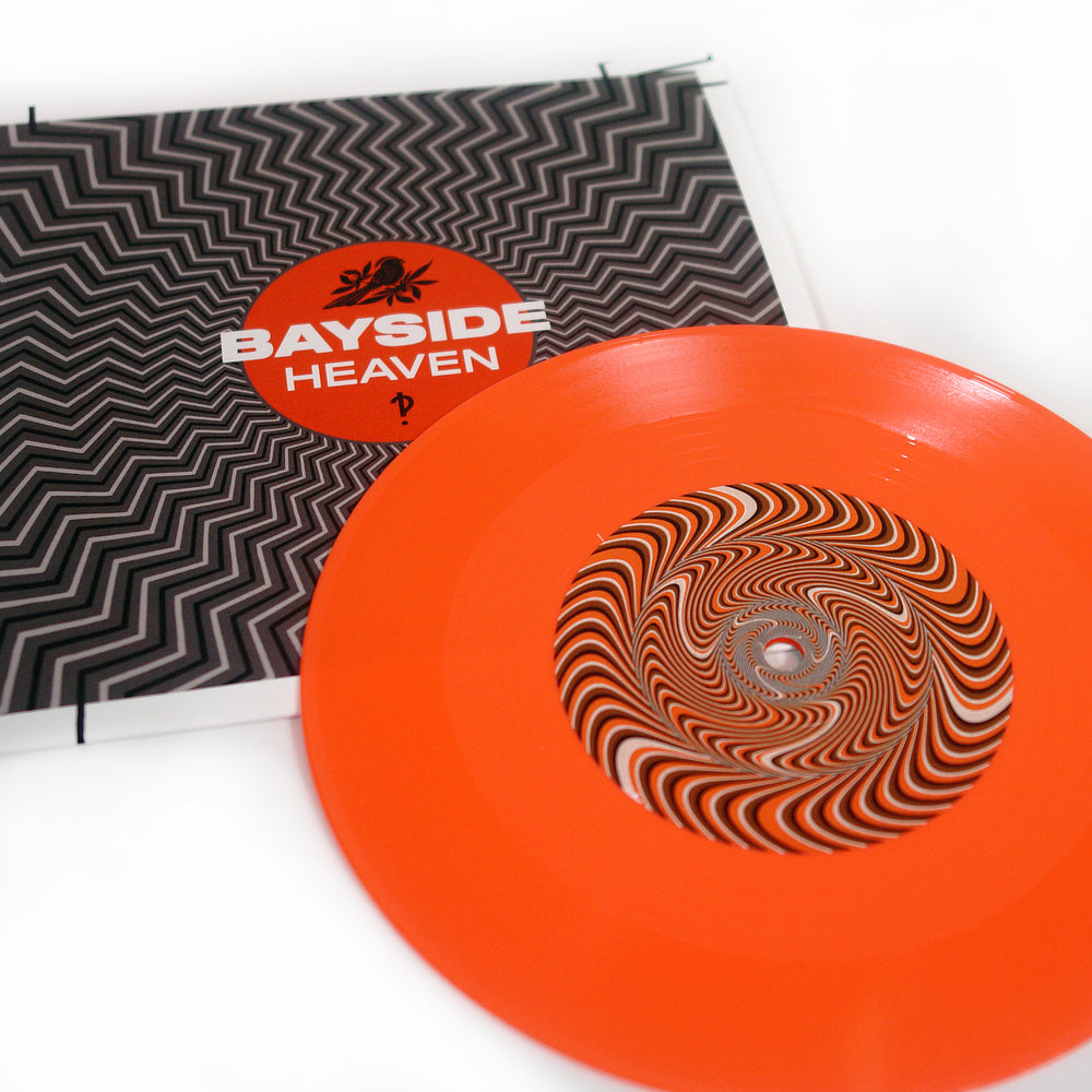 An orange vinyl record with a spiral black-and-white center lies next to its album cover, which displays a wavy black-and-white design, the text BAYSIDE HEAVEN, and suggests an acoustic tracklist. Brand: Bayside.