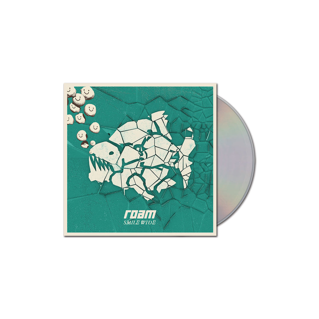 A CD partially out of its teal case, showing cracked-tile art of a fish with bubbles. The cover says ROAM in white at the bottom, hinting at an energetic tracklist from the brand ROAM inside.