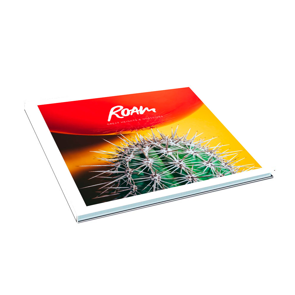 A square book by ROAM features a vibrant cover with Roam and dynamic colors reminiscent of their album Great Heights & Nosedives; a striking cactus photo pops against a red-yellow backdrop, evoking an eye-catching CD tracklist.