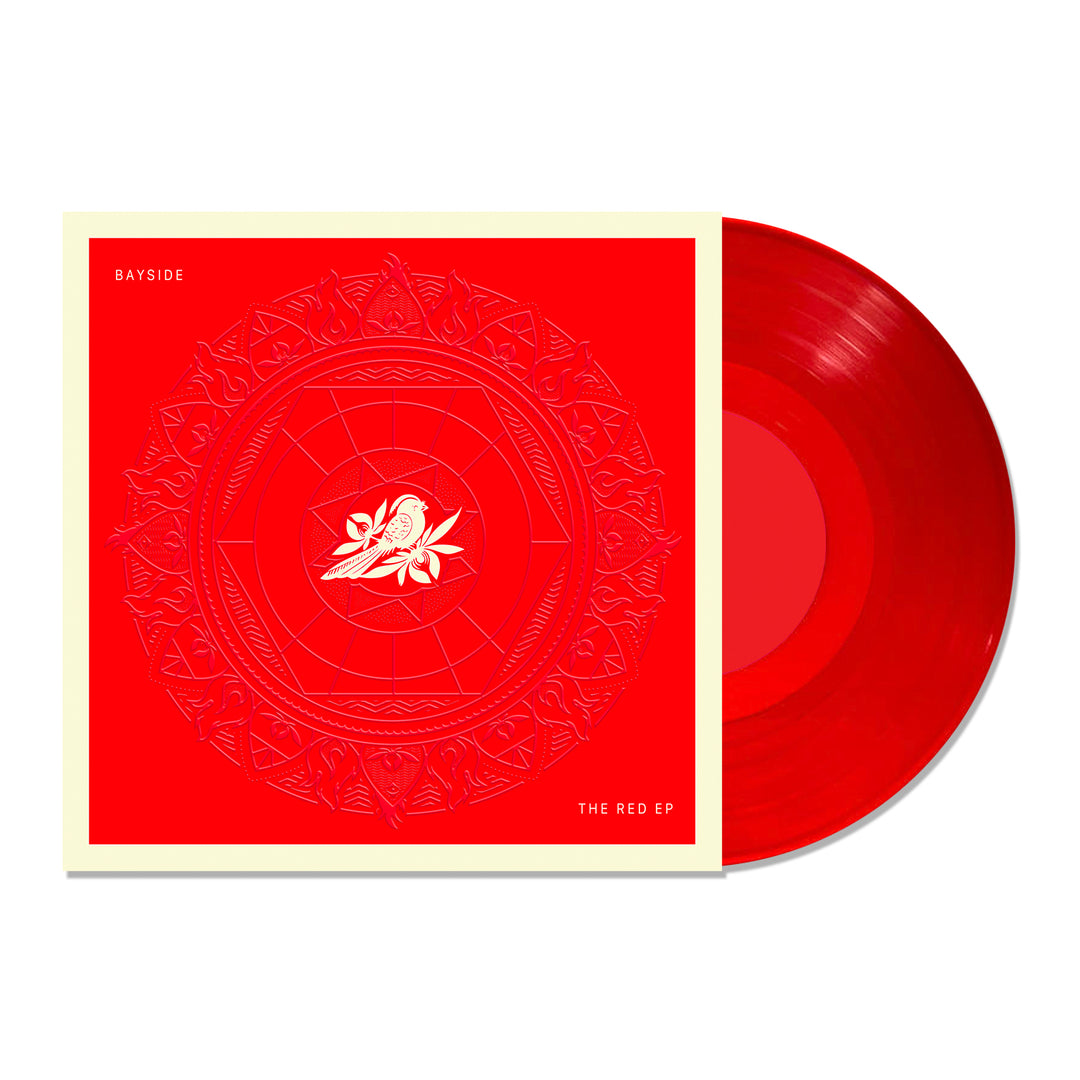 Vinyl album cover for Bayside "The Red EP" on a white background. Cover is Red with a Mandala. White bird on a flower centered. White Text in the corners "Bayside" & "The Blue EP". Vinyl is Transparent Red.