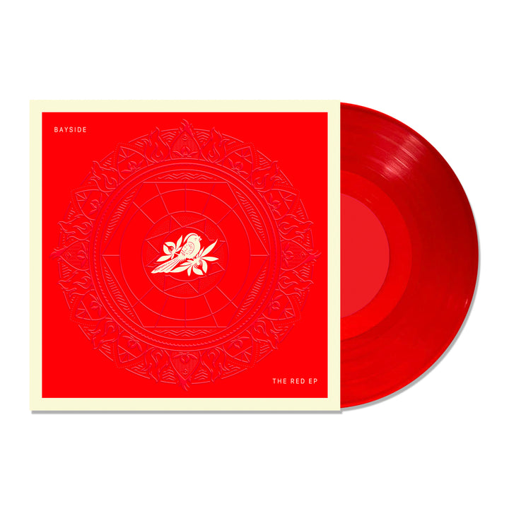Vinyl album cover for Bayside "The Red EP" on a white background. Cover is Red with a Mandala. White bird on a flower centered. White Text in the corners "Bayside" &amp; "The Blue EP". Vinyl is Transparent Red.
