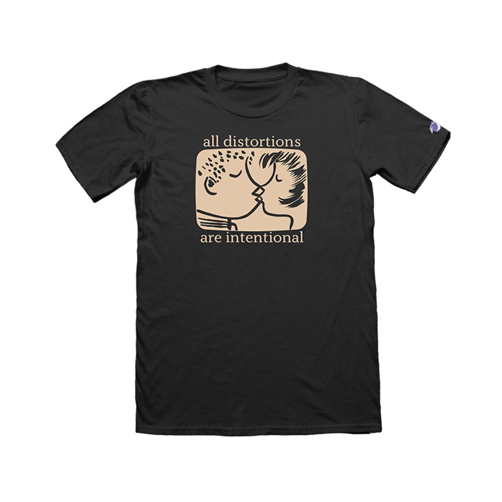 Black Neck Deep Hammer T-shirt featuring an abstract kissing couple with “all distortions are intentional” above and below the image. Purple tangerine embroidery on the sleeve adds a unique touch.
