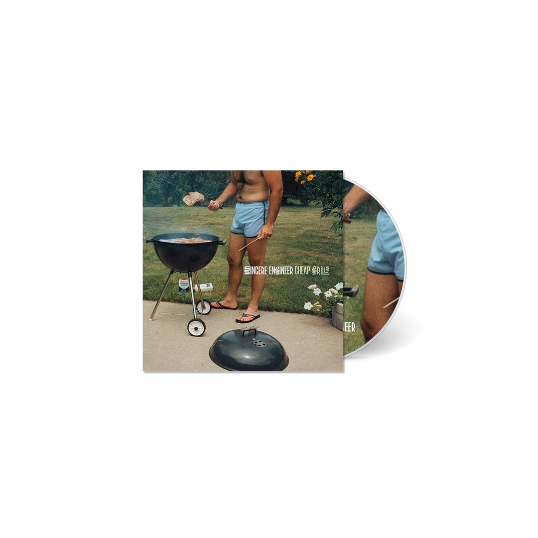A CD case by Sincere Engineer featuring cover art of a person in blue shorts and sandals grilling beside a round barbecue, its lid on the ground, with shrubs and grass evoking a relaxed California King atmosphere.