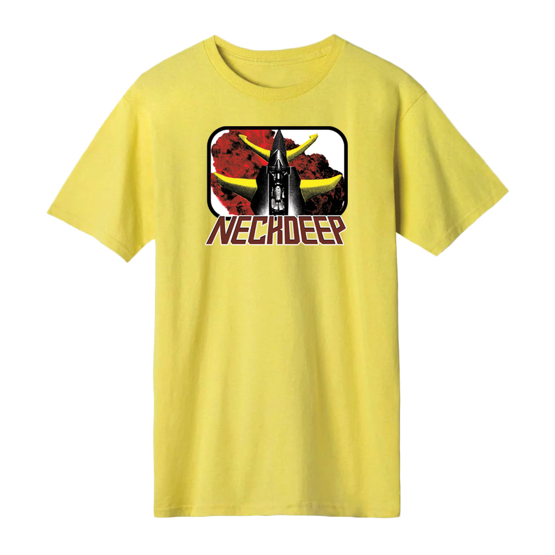 Show your love for Neck Deep with this vibrant Robot Yellow T-shirt, featuring a bold rocket graphic, abstract shapes, and NECK DEEP branding—the perfect official band merchandise for fans.