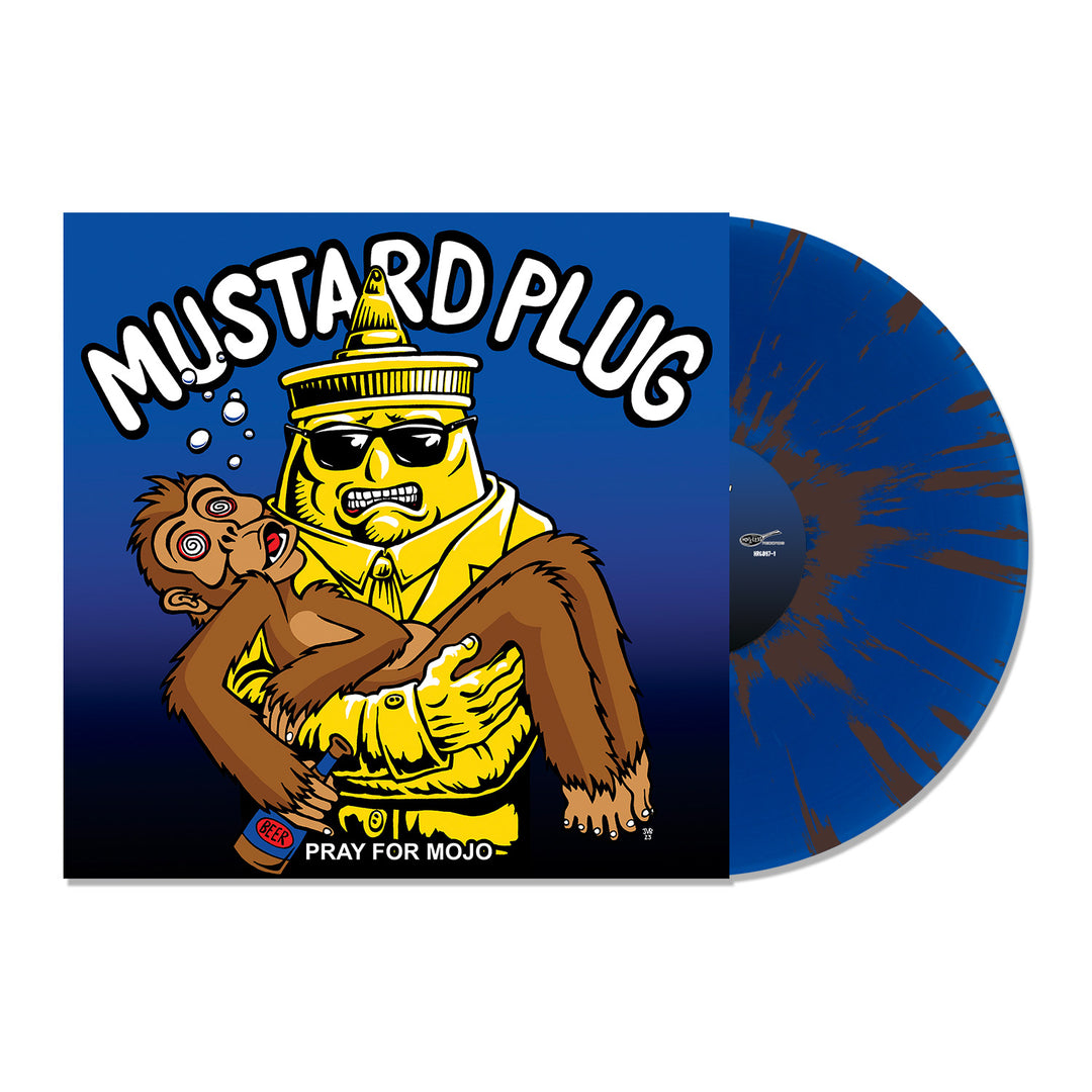 The Mustard Plug Pray For Mojo 25th Anniversary LP is a limited edition blue splatter vinyl, showcasing a mustard bottle character with a distressed monkey on the bold blue cover, highlighted by white and yellow text.