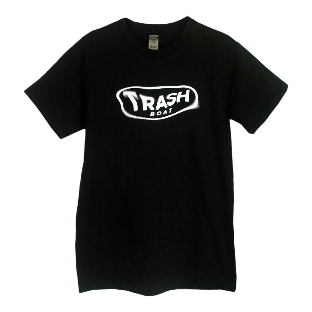 A black Trash Boat band shirt with "TRASH BOAT" in bold, graffiti-style white letters inside an irregular white-bordered shape on the chest—ideal for fans.