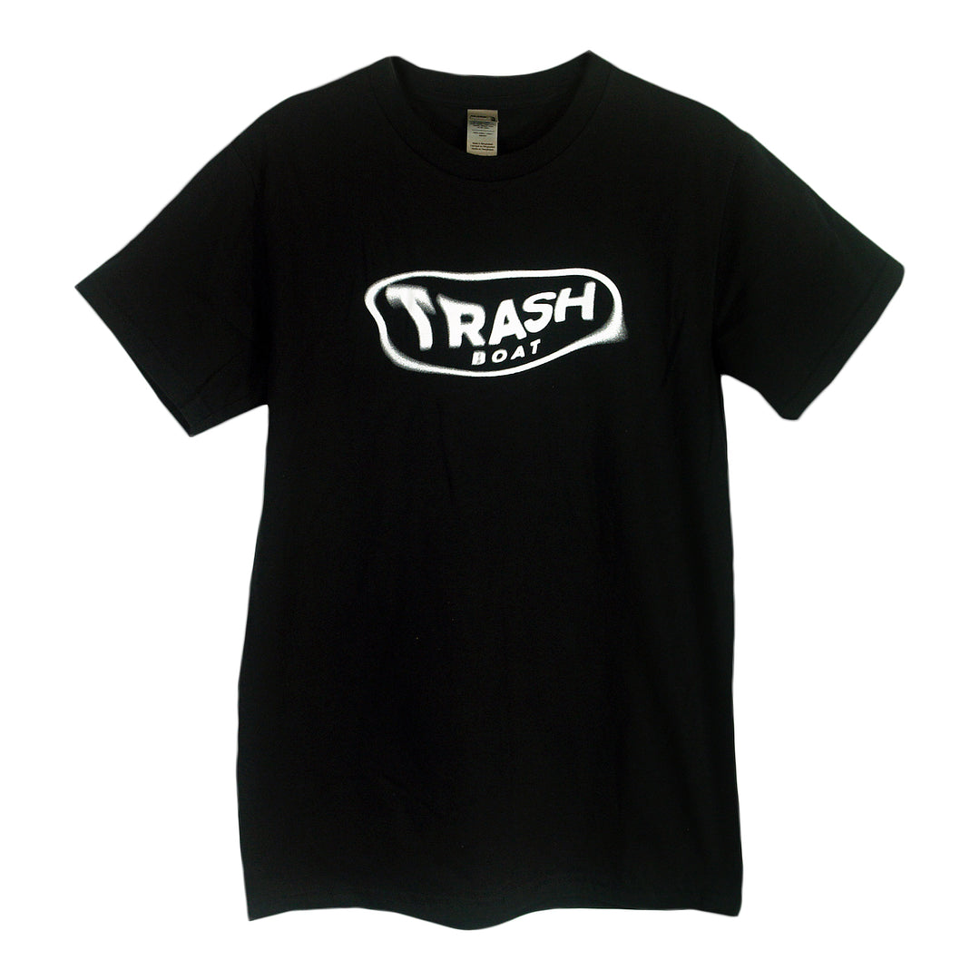 A black Trash Boat band shirt with "TRASH BOAT" in bold, graffiti-style white letters inside an irregular white-bordered shape on the chest—ideal for fans.