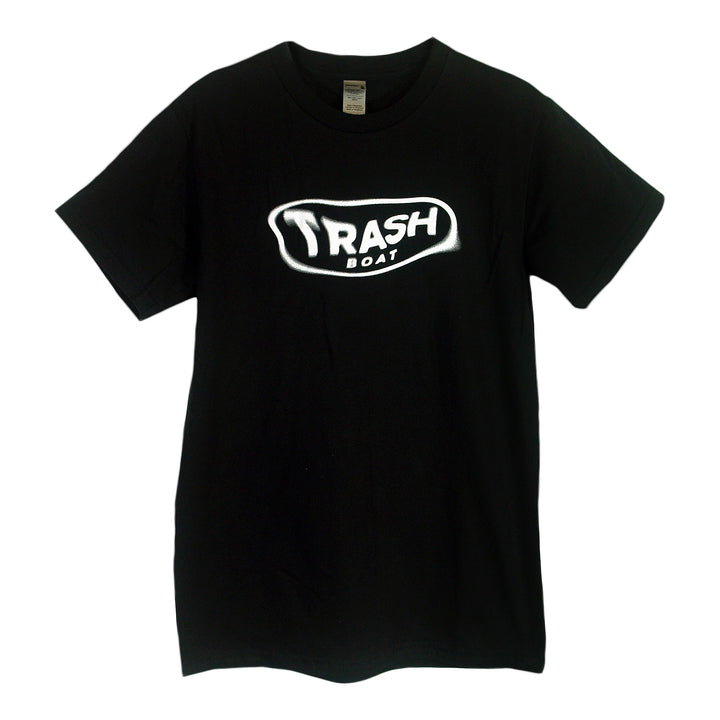 A black Trash Boat band shirt with "TRASH BOAT" in bold, graffiti-style white letters inside an irregular white-bordered shape on the chest—ideal for fans.