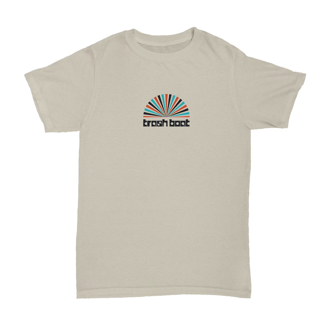 Beige Trash Boat t-shirt with a colorful semi-circular sunburst above bold black trash boat lettering on the chest. Made from 100% cotton AS Colour tee, it offers comfort and style for fans.
