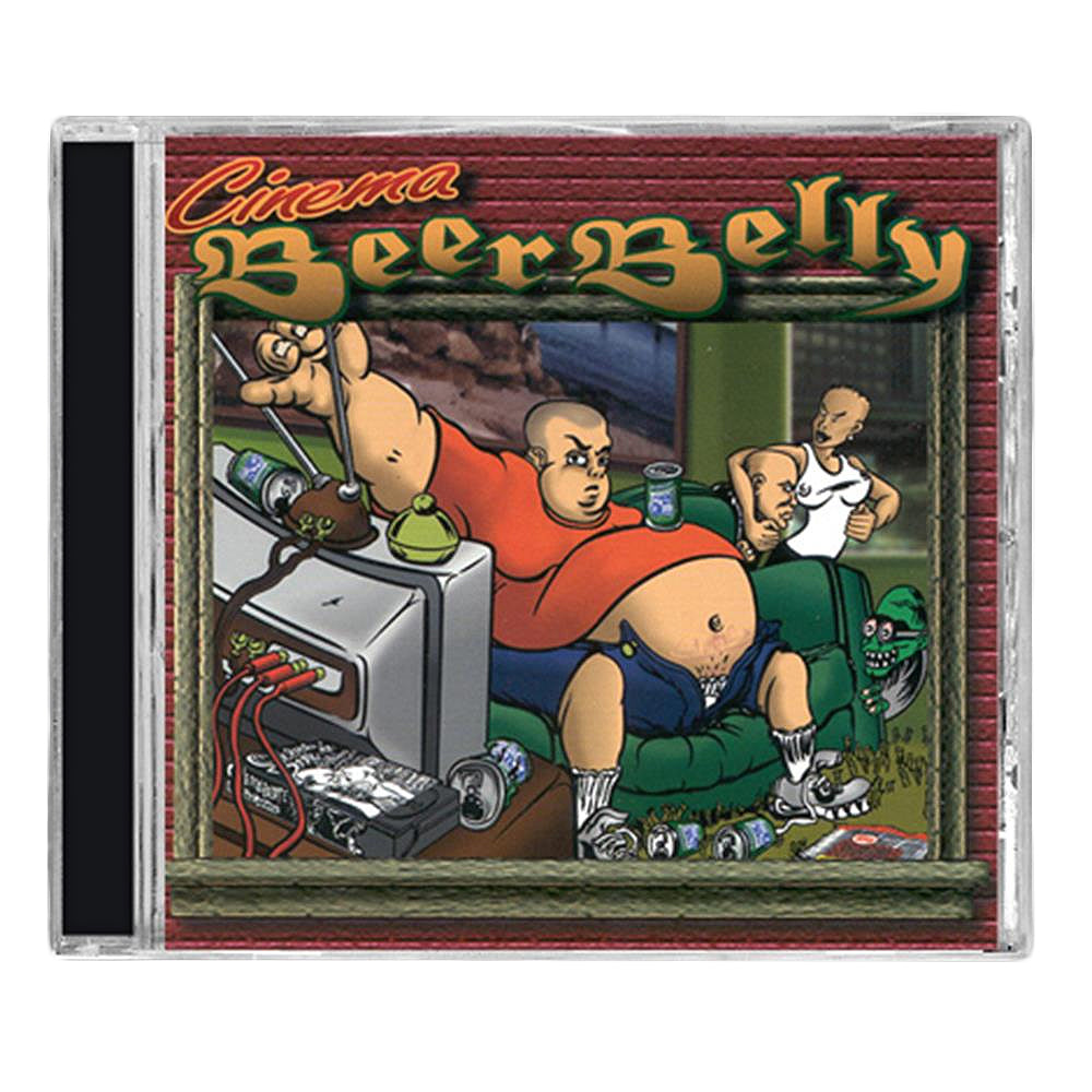 The CD cover for Cinema Beer Belly, a punk rock compilation from Hopeless Records, features cartoon men with big bellies on a couch, beer cans and TV nearby, plus a worried woman in the background.