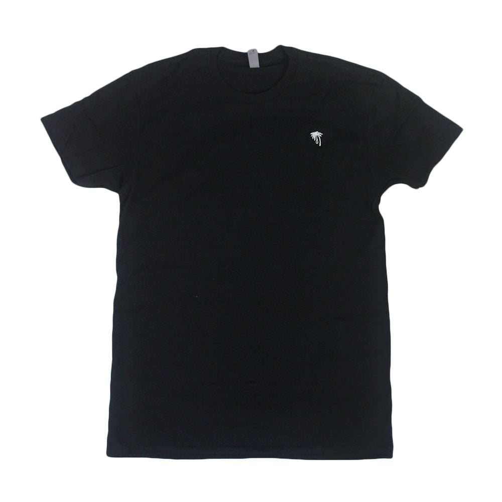 A Trophy Eyes plain black short-sleeve t-shirt with a small white embroidered palm tree logo on the left chest, shown flat on a white background.