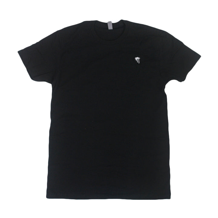 A Trophy Eyes plain black short-sleeve t-shirt with a small white embroidered palm tree logo on the left chest, shown flat on a white background.