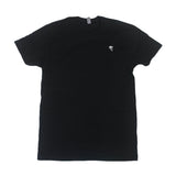 A Trophy Eyes plain black short-sleeve t-shirt with a small white embroidered palm tree logo on the left chest, shown flat on a white background.
