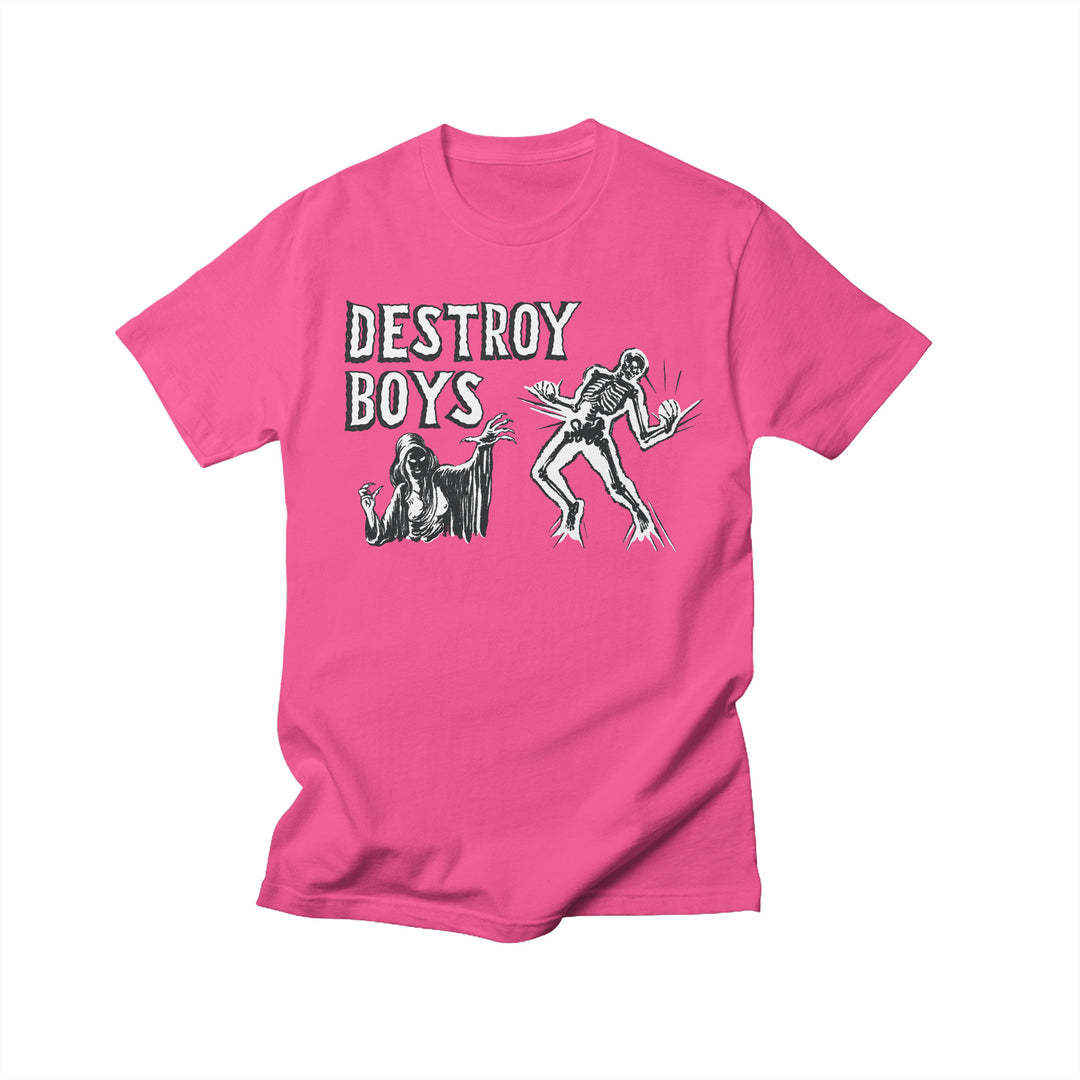 Bright pink Comfort Colors T-shirt by Destroy Boys featuring black and white illustrations of two skeleton-like figures and bold, distressed DESTROY BOYS text across the chest.