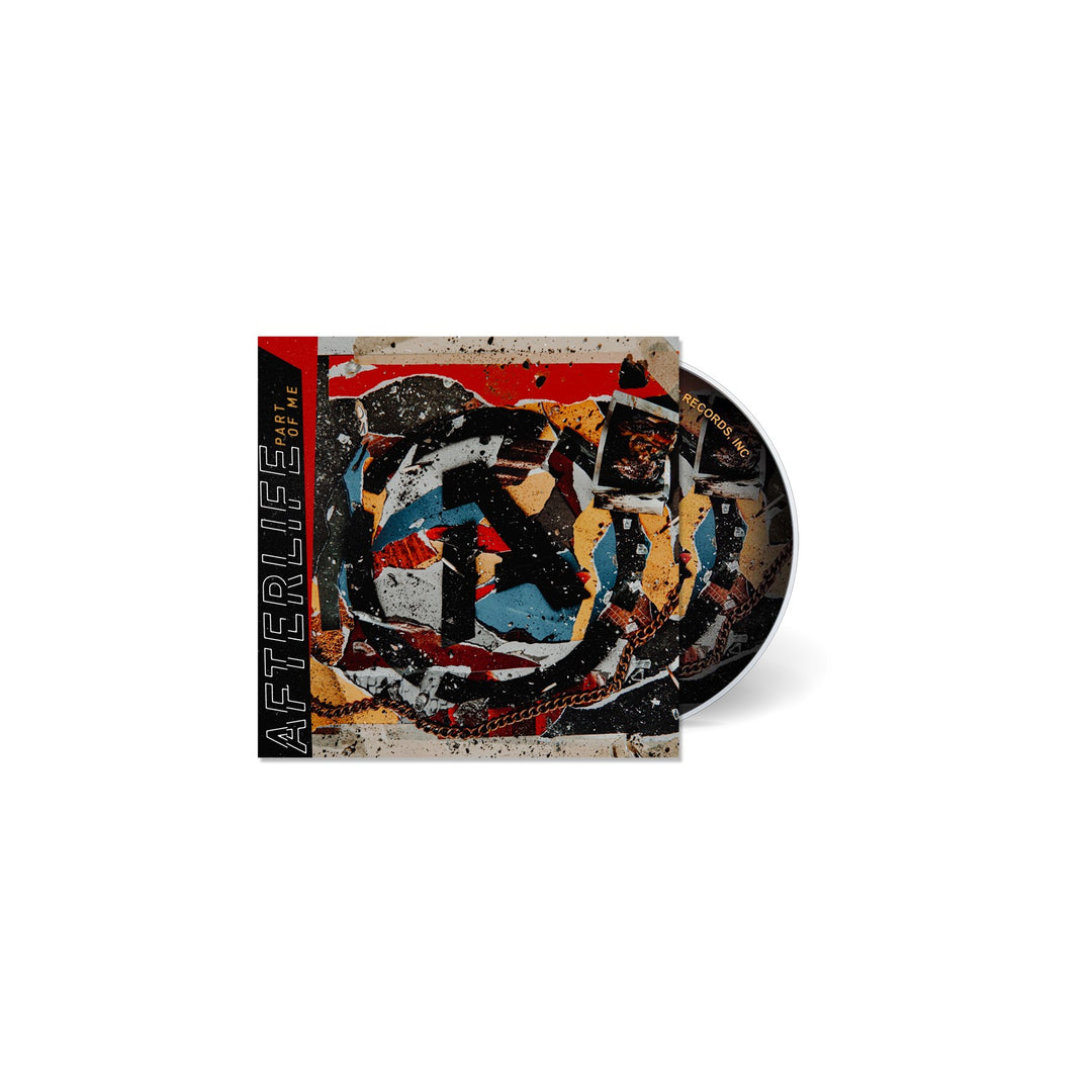 A CD slides out of its case, displaying Afterlifes bold, abstract artwork. The cover reads “AFTERLIFE PART OF ME” and “SPIN,” hinting at a misfit anthem included in the tracklist.