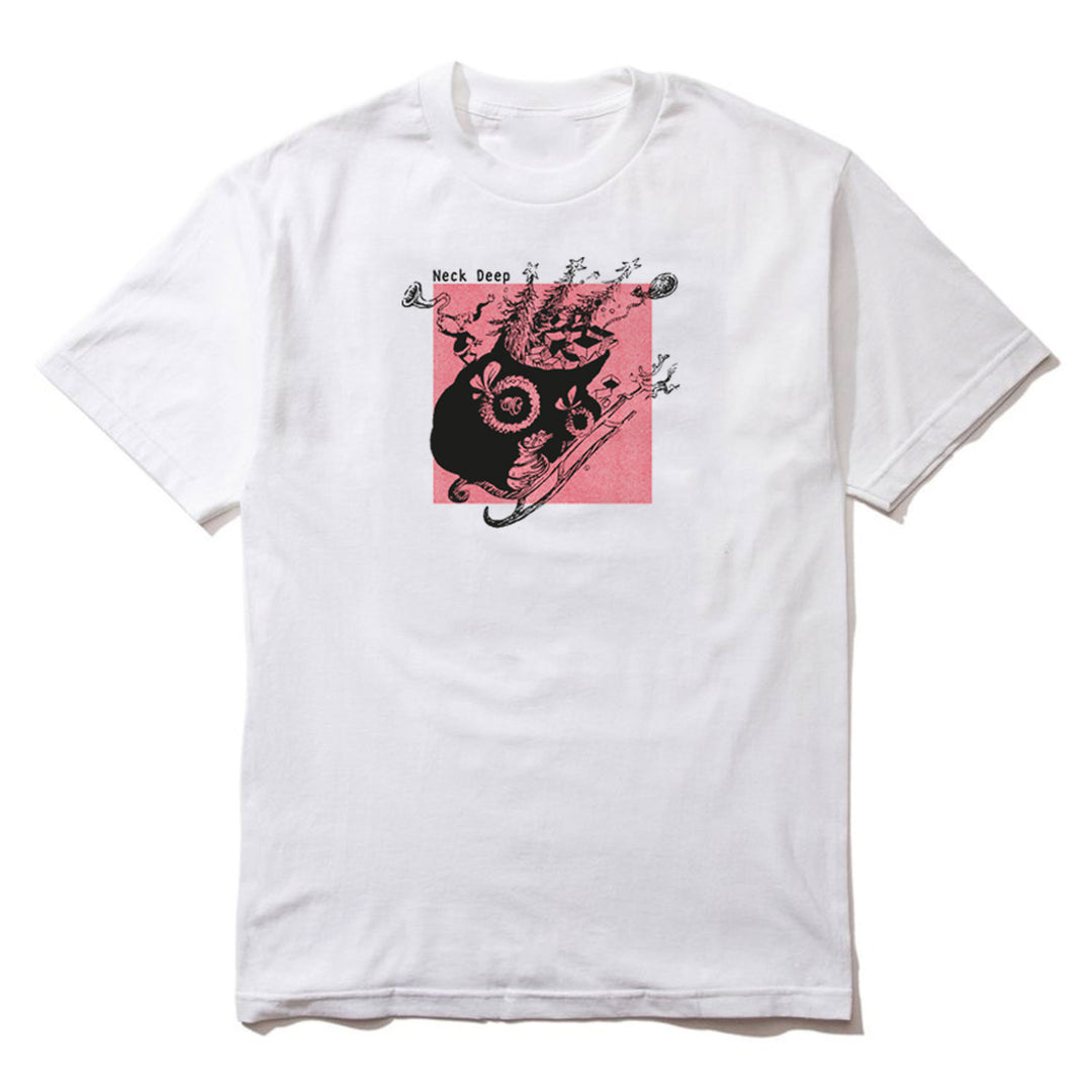 Neck Deep holiday white t-shirt with a red square, black abstract art, musical notes, and Neck Deep at the top of the design.
