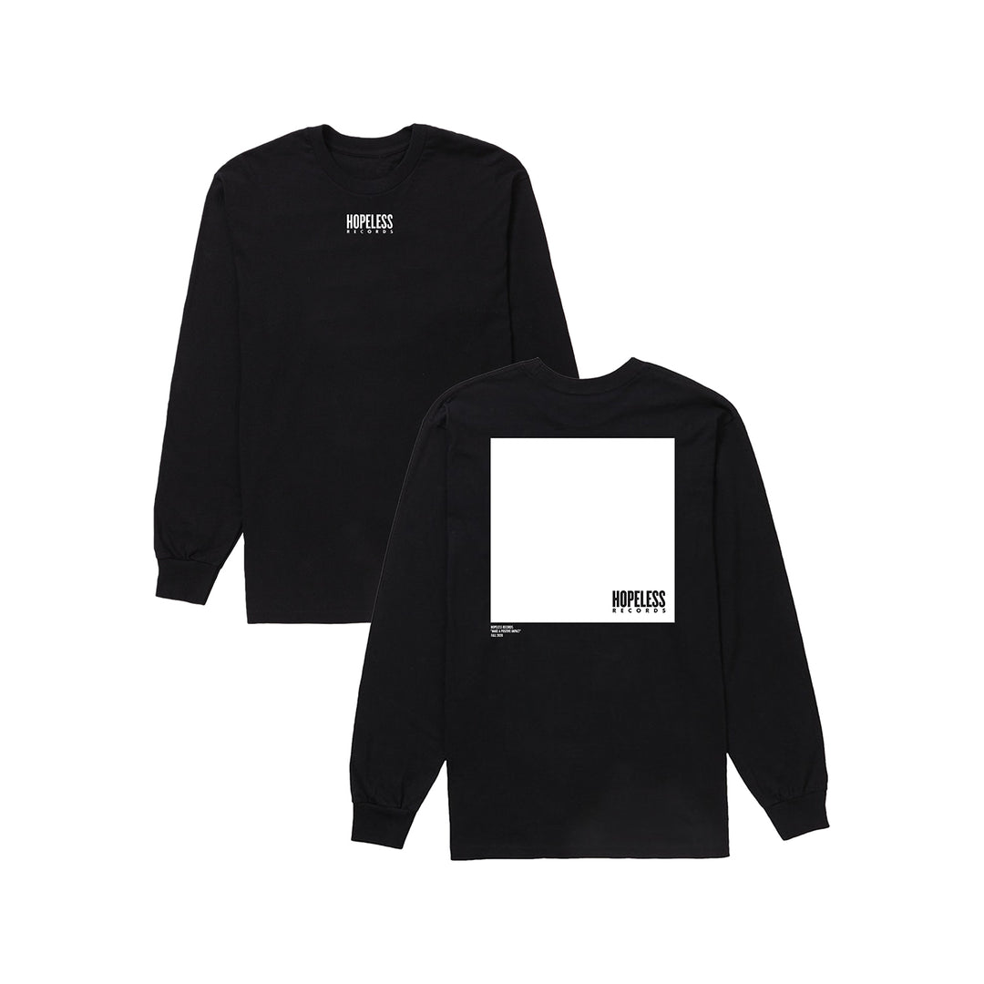 A black 100% cotton long-sleeve by Hopeless Records features HOPELESS in white on the front left chest and a large white rectangle with HOPELESS in black on the back. Exclusive design not available elsewhere.