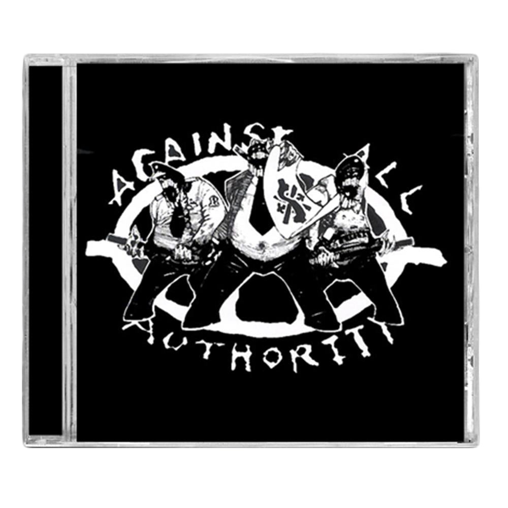 The CD cover for 24 Hour Roadside Resistance by Against All Authority features a black background with three cartoon police restraining a protester holding a sign. The brand name appears in rough white letters above and below the image.