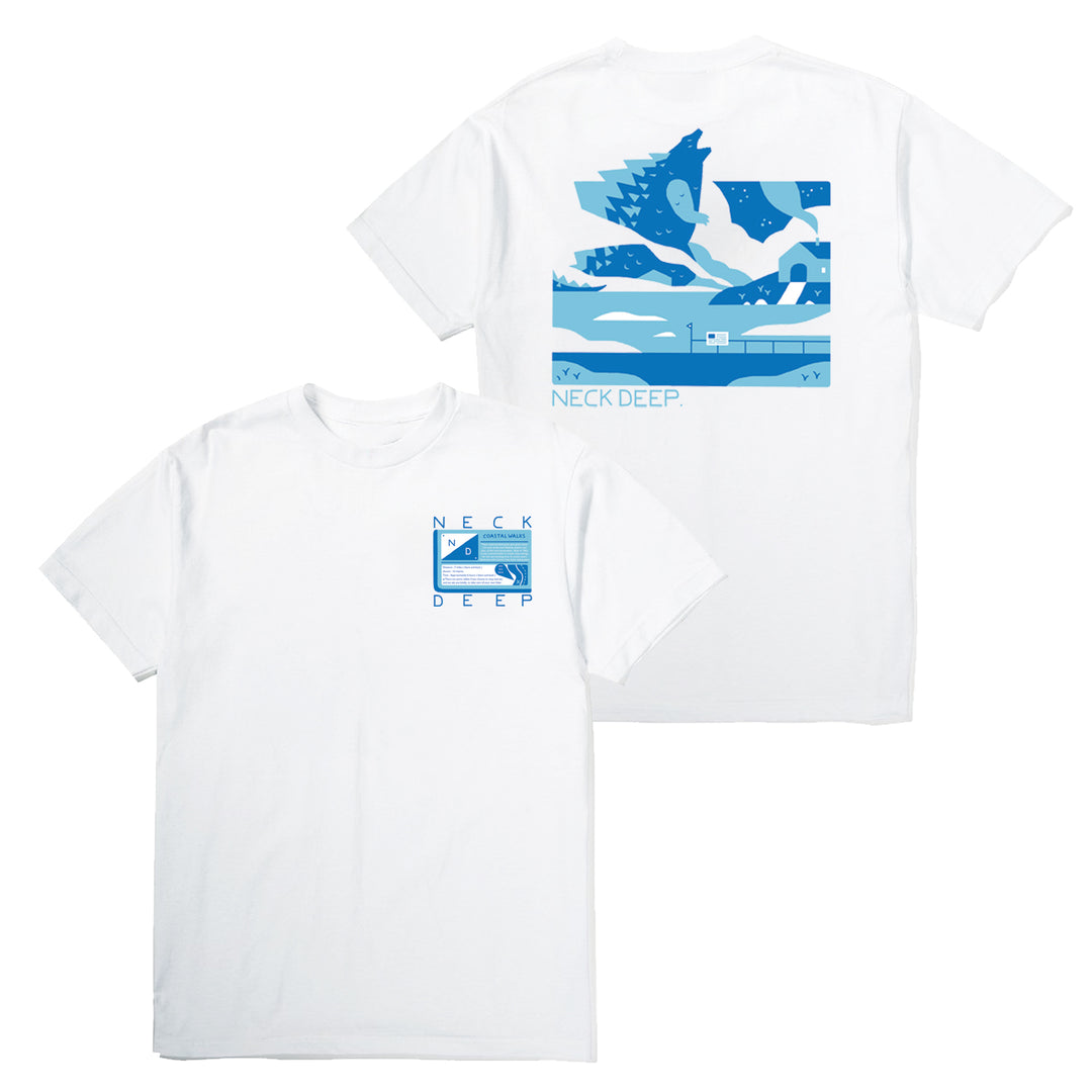 Neck Deep white t-shirt with blue graphics: small rectangular wave and "NECK DEEP" text on front, large blue mountain and wave scene with "NECK DEEP." text on back.