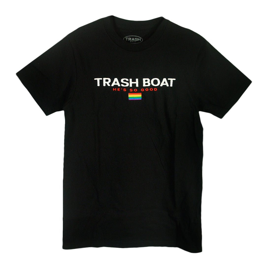 A black Trash Boat shirt featuring TRASH BOAT in white, HES SO GOOD in red, and a rainbow-striped rectangle. Available in sizes up to X-Large. Brand: Trash Boat.