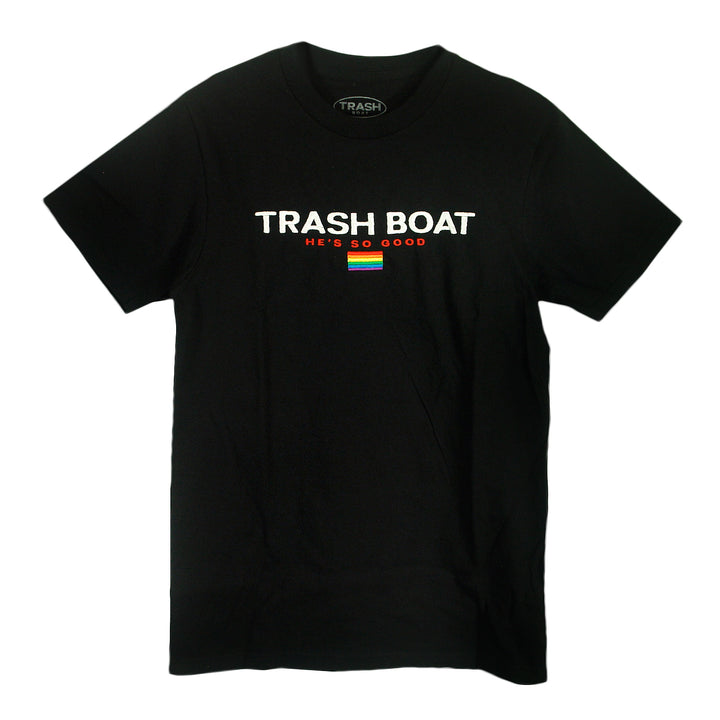 A black Trash Boat shirt featuring TRASH BOAT in white, HES SO GOOD in red, and a rainbow-striped rectangle. Available in sizes up to X-Large. Brand: Trash Boat.