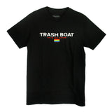 A black Trash Boat shirt featuring TRASH BOAT in white, HES SO GOOD in red, and a rainbow-striped rectangle. Available in sizes up to X-Large. Brand: Trash Boat.