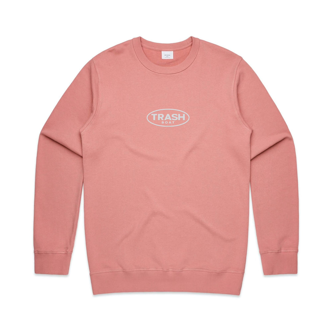 A pink Trash Boat crewneck sweatshirt made from 100% cotton, with TRASH BOAT embroidered in white inside an oval on the chest.