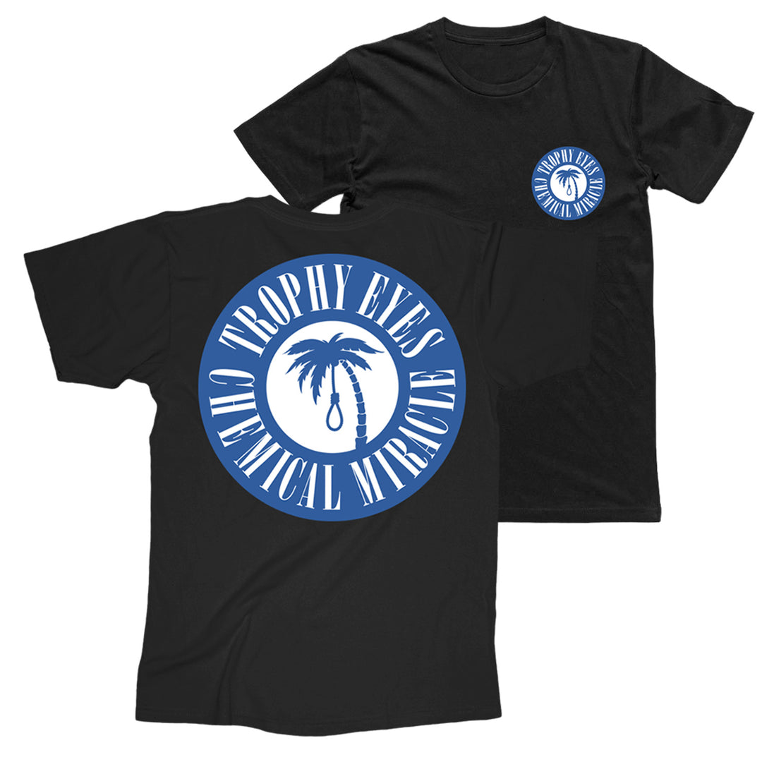 Trophy Eyes Chemical Miracle black t-shirt featuring a blue and white circular palm tree logo. Large Trophy Eyes Chemical Miracle print on the back, with a smaller matching logo and text on the left front chest.